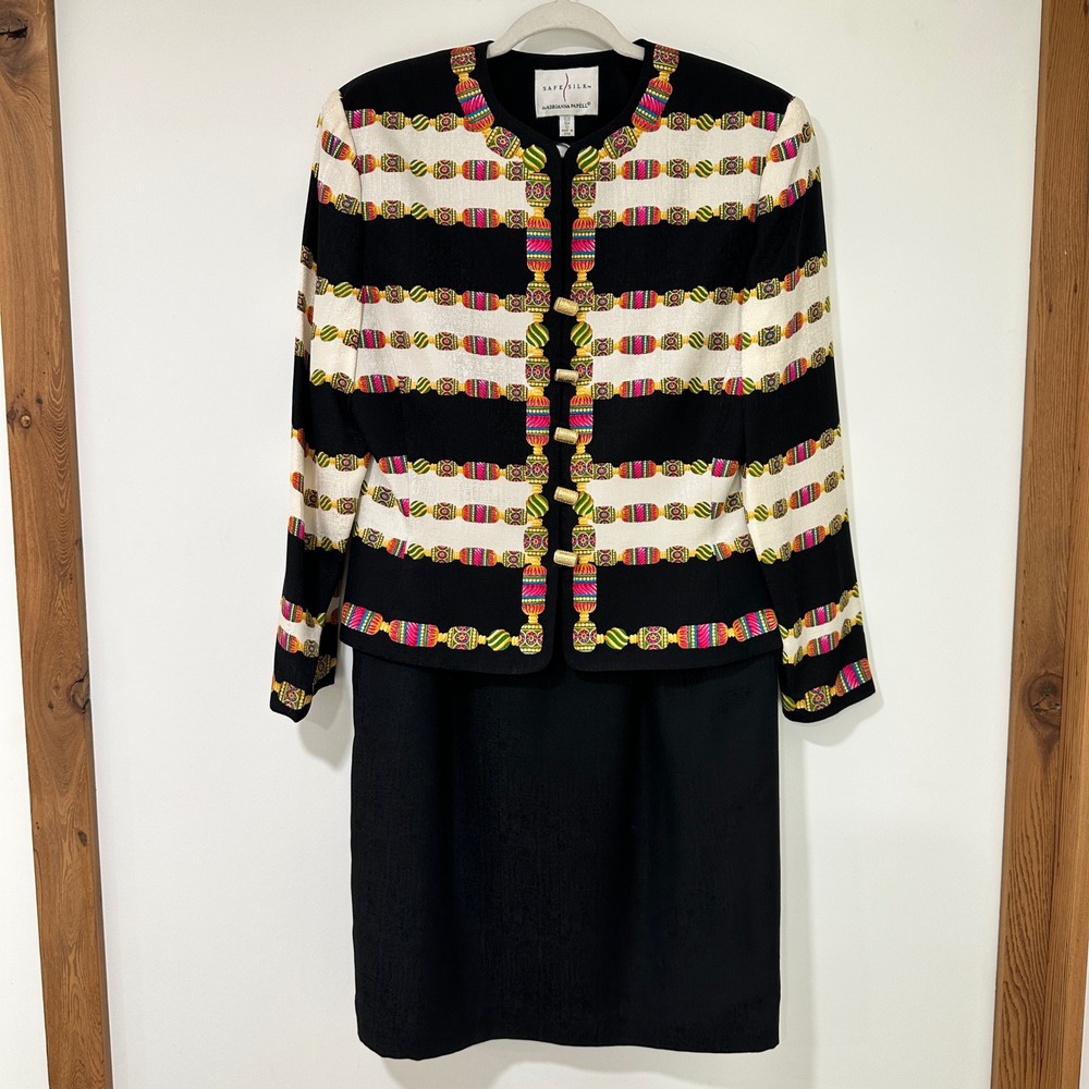 Adrianna Papell Silk Skirt Suit Set Womens 12 Black Multi Geometric Print Jacket